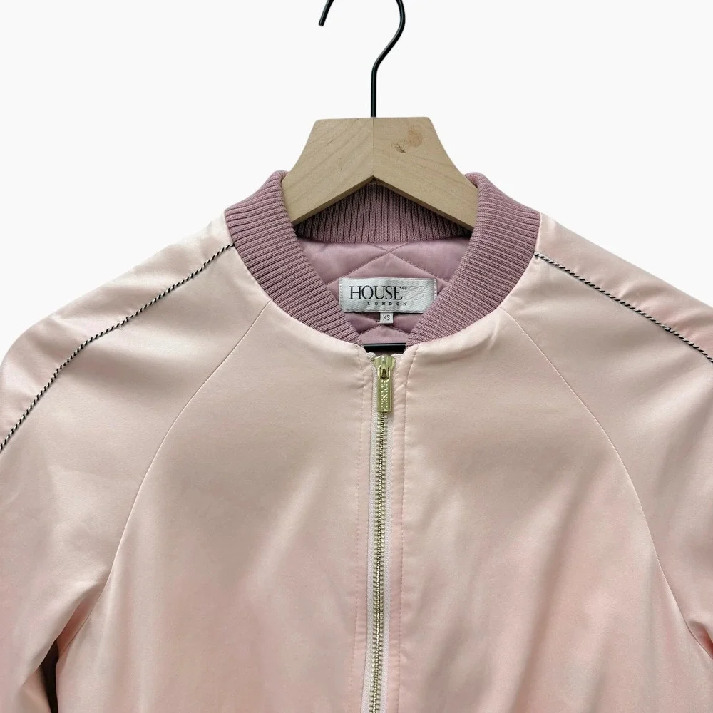 House of‎ CB Tacia Pink Satin Cropped Bomber Jacket and Mini Skirt Set XS